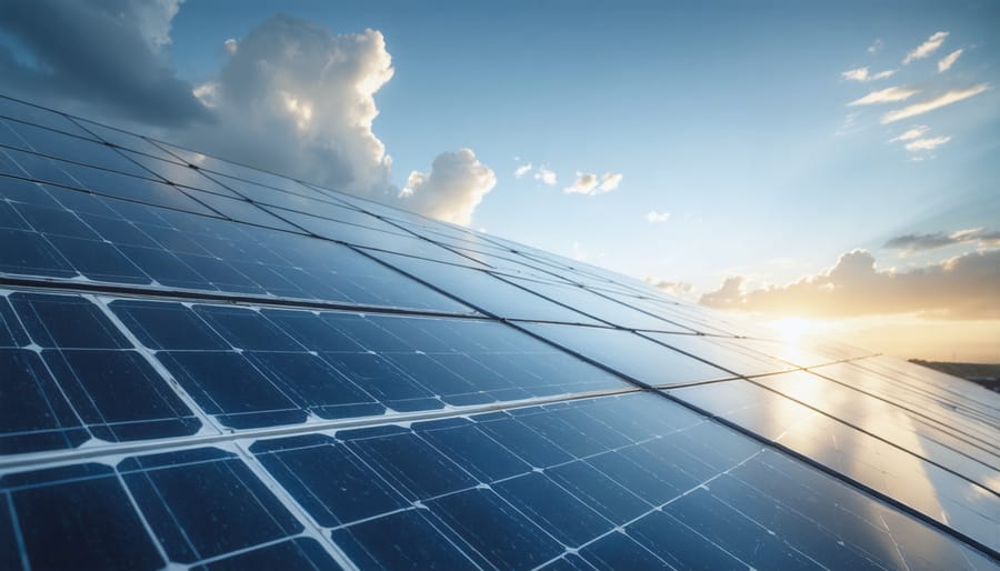 Person using smartphone app to compare solar loan options with solar panels visible in background