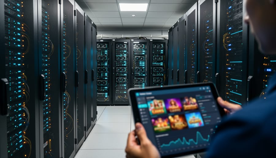 Server racks with LED indicators in professional data center facility