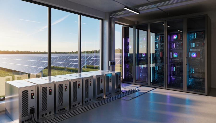 Solar panel array with battery storage system in industrial facility