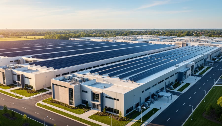 Aerial view of data center building with extensive solar panel array on rooftop