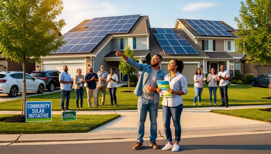 Group of neighbors discussing residential solar panel installation on a home