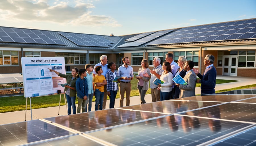 Families with children viewing school solar panel installation during community event