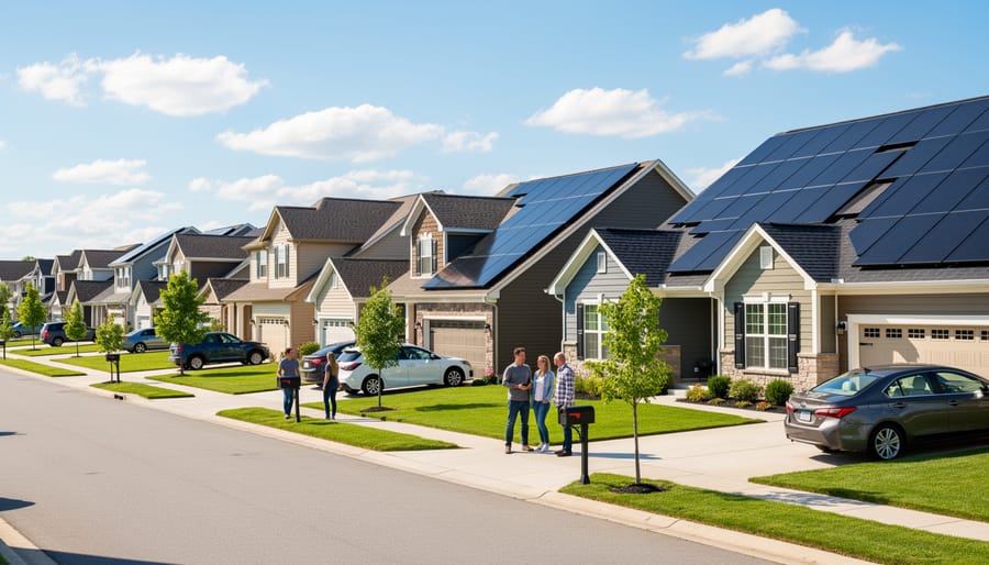 Suburban neighborhood with solar panels installed on several residential rooftops