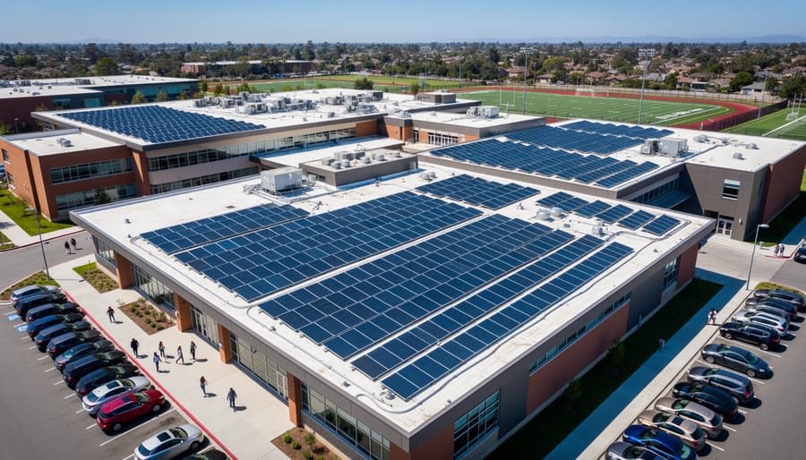 Elementary school building with extensive solar panel array covering the rooftop
