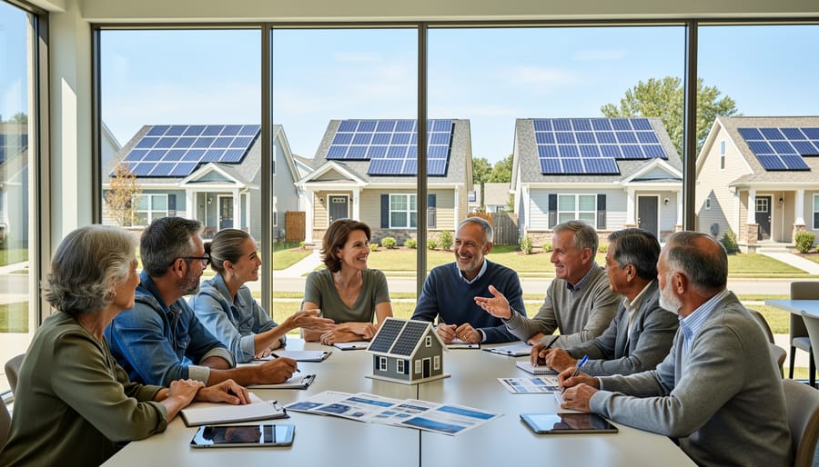 Community members gather and discuss solar adoption with visible rooftop solar panels in the neighborhood