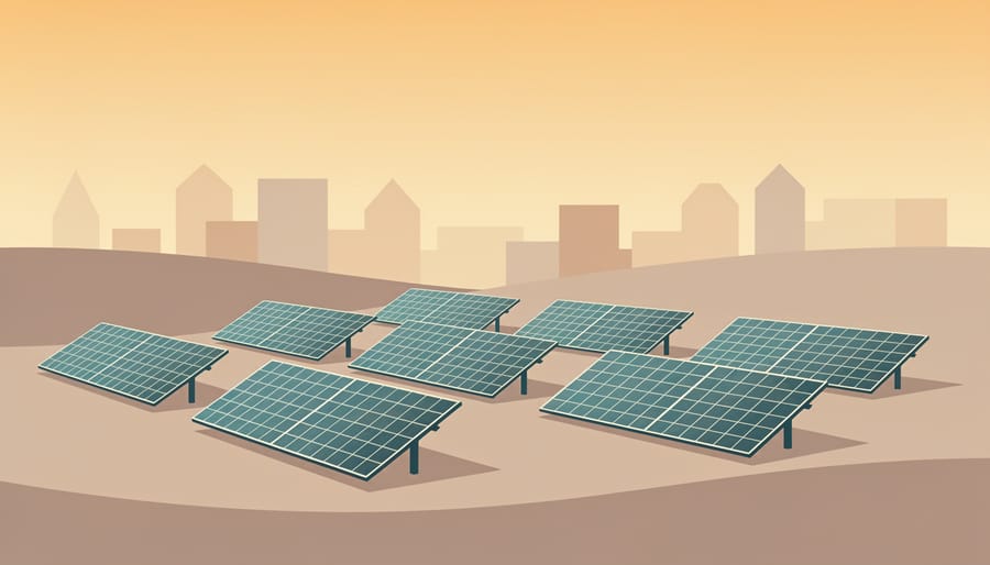 Ground-mounted community solar panels in a green outdoor area at golden hour