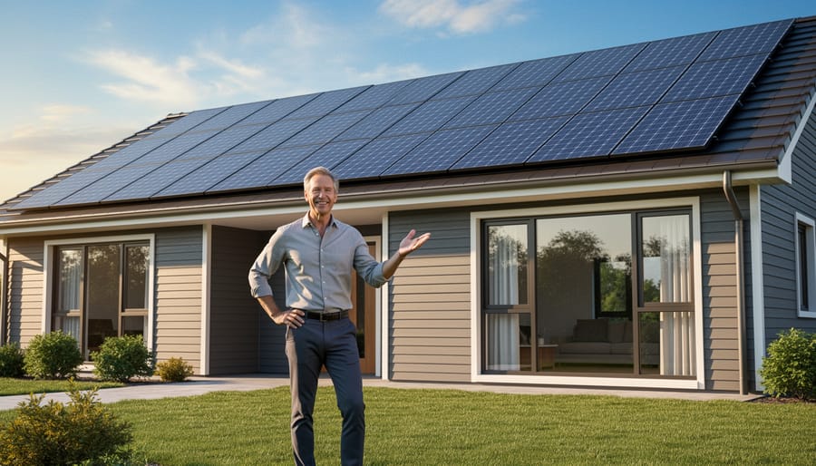 Homeowner standing beside a solar panel array on their home exterior with panels reflecting the sky
