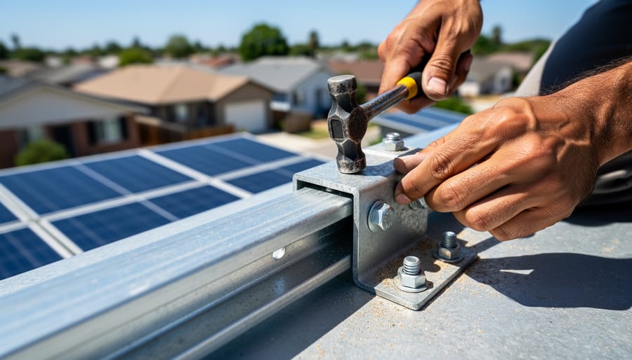 Hands installing a solar mounting bracket on a rooftop with rooftop materials and tools visible