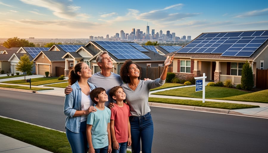 A diverse family stands in front of a home with rooftop solar panels.
