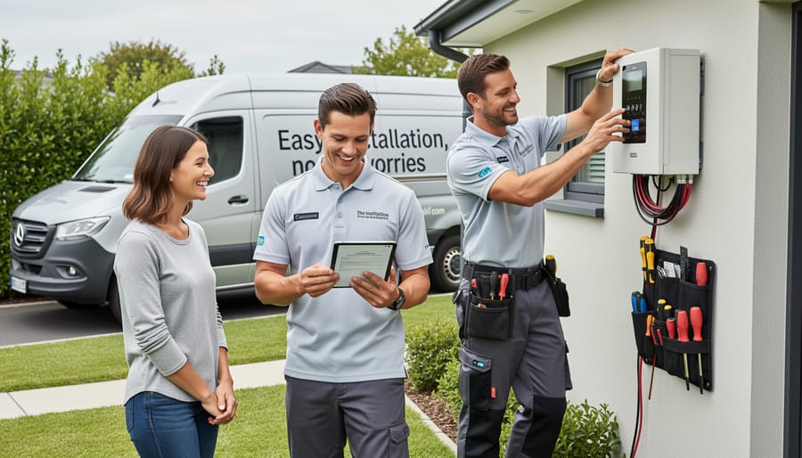 A solar technician inspecting rooftop solar panels on a residential home.