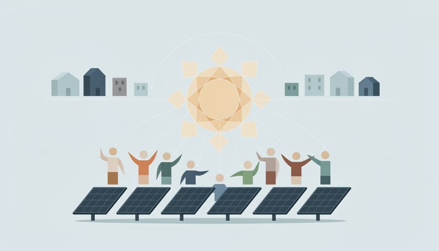 Diverse people’s hands tending a small plant with a solar farm softly blurred in the background
