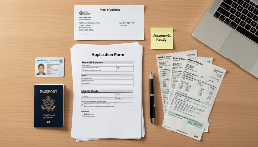 Hands holding application documents next to a utility bill on a table.