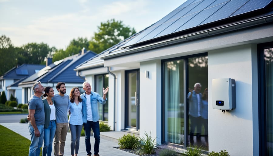 “Residents standing near a home rooftop solar array, illustrating eligibility and access to a solar communities program.”