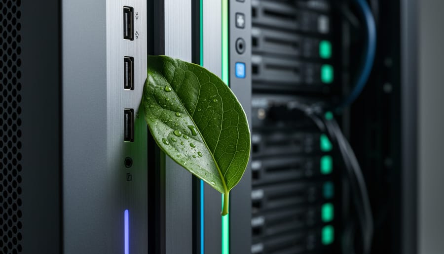 Green leaf placed on technology-like hardware, representing a connection between environmental sustainability and digital gaming.