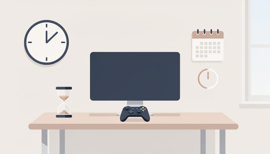 Person at home placing an hourglass near a laptop to symbolize mindful time management for responsible online gaming.