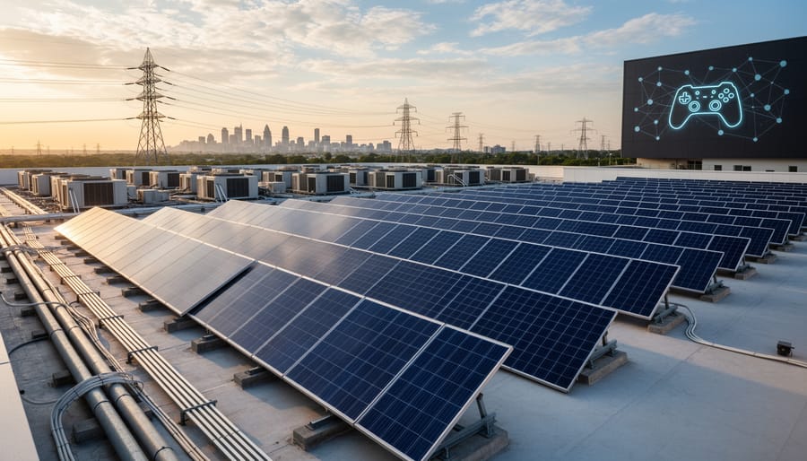 Solar panels installed on the roof of a modern data center powering digital infrastructure.