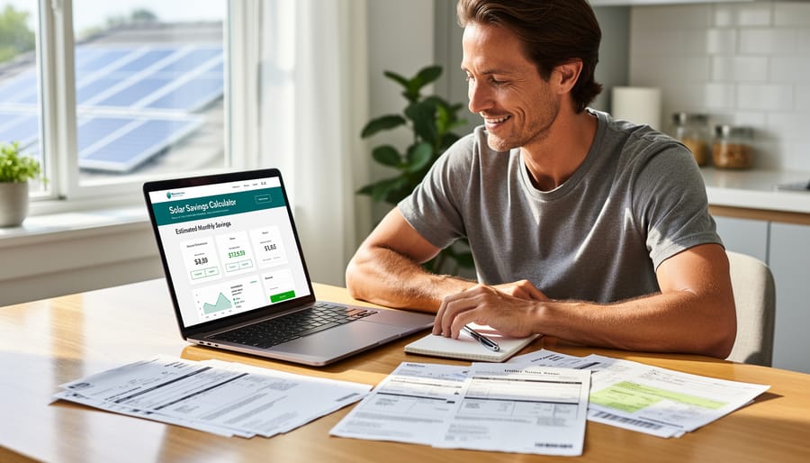 Homeowner reviewing electricity bills at a kitchen table while using a smartphone to plan solar savings.