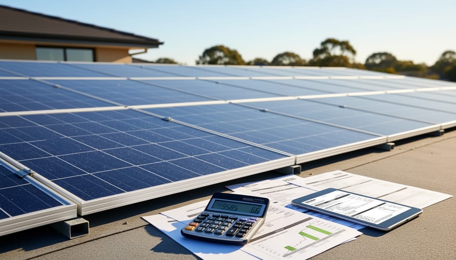 Residential rooftop with solar panels under warm sunlight.