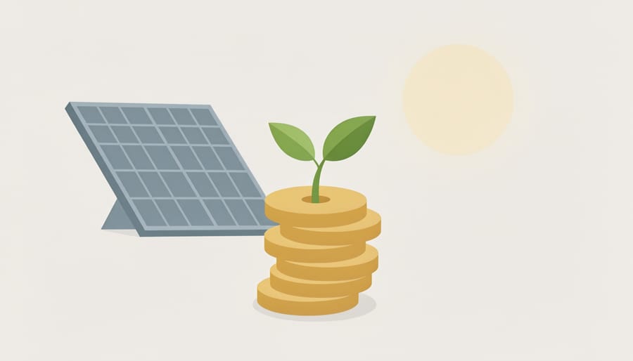 Coins in a glass jar with a small sprout growing, symbolizing solar savings and future growth.